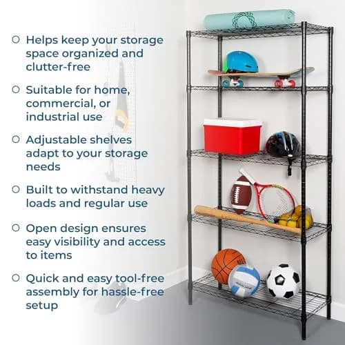 Honey-Can-Do 5-Tier Black Wire Shelf Unit 213cm (72in) | Heavy Duty 1000lb Capacity for Home & Garage thumbnail 5