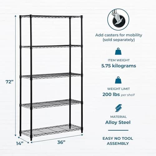 Honey-Can-Do 5-Tier Black Wire Shelf Unit 213cm (72in) | Heavy Duty 1000lb Capacity for Home & Garage thumbnail 6