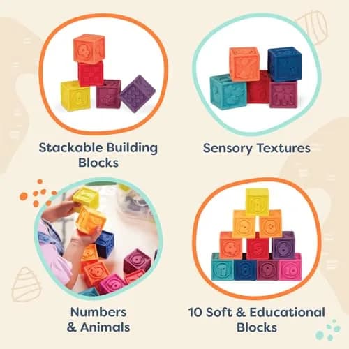B. toys One Two Squeeze Soft Building Blocks 10 Pack | Educational Toy for Babies 6+ Months thumbnail 2