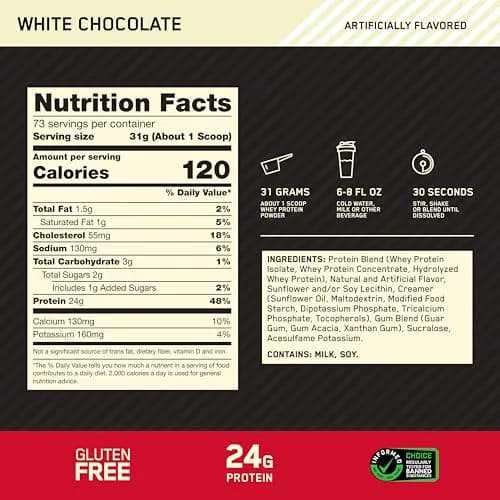 Optimum Nutrition Gold Standard 100% Whey Protein Powder White Chocolate 5lb (2.27kg) | USA Import for Muscle Recovery thumbnail 3