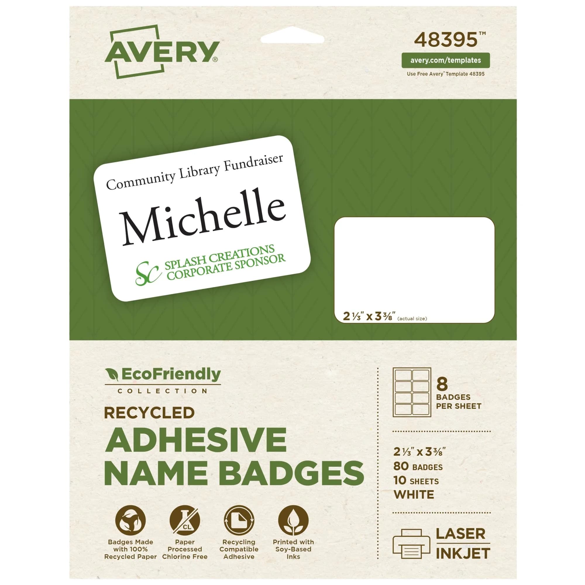 Avery EcoFriendly Recycled Name Tags 2-1/3" x 3-3/8" White Removable Adhesive 80 Printable Name Badges | Made with 100% Post-Consumer Recycled Paper - main product image