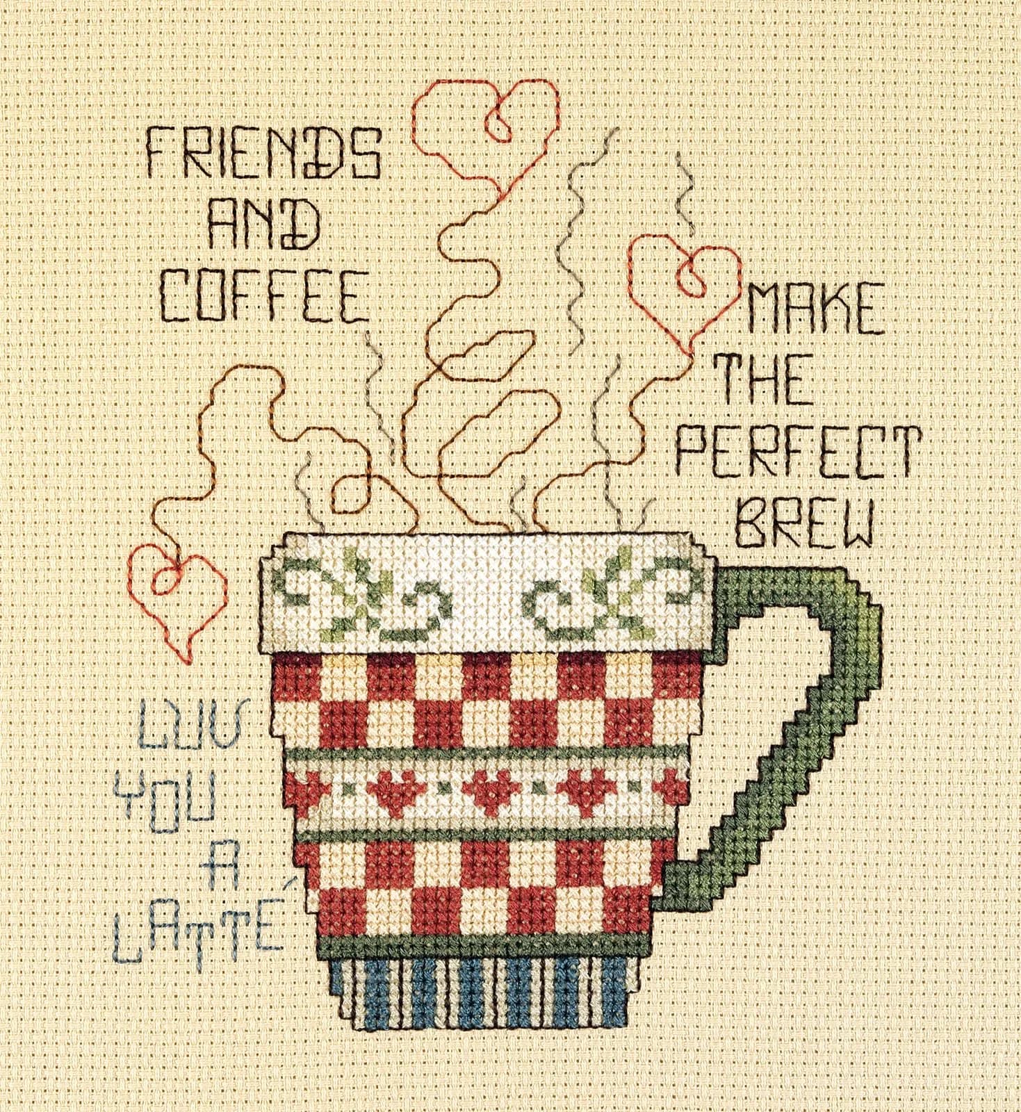 Janlynn Friends and Coffee Cross Stitch Kit 5x6 Inch White | Beginner Counted Kit with Cotton Aida & Floss - main product image
