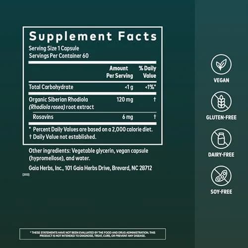 Gaia Herbs Rhodiola Rosea 60 Vegan Capsules | Supports Stress & Endurance thumbnail 2