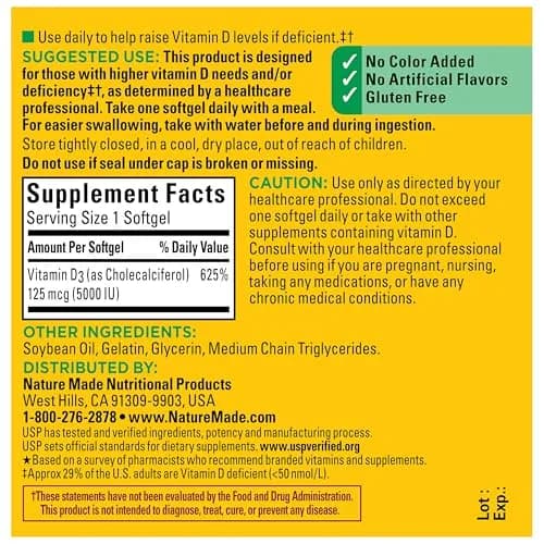 Nature Made Vitamin D3 5000 IU (125 mcg), 90 Vitamin D Softgels | Extra Strength for Bone & Immune Support thumbnail 7