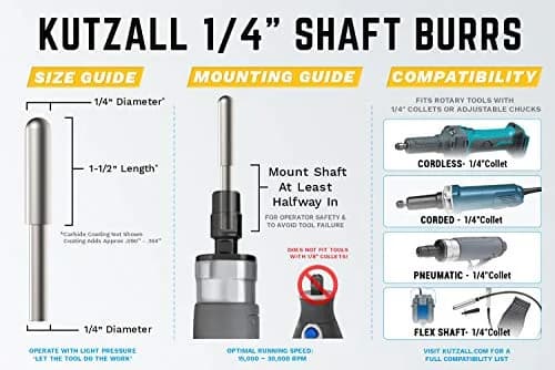 Kutzall Original Ball Nose Rotary Burr 6.3mm (1/4") Shank, 34.9mm (1-3/8") Length | Fine Tungsten Carbide Wood Carving Bit for Die Grinders thumbnail 3