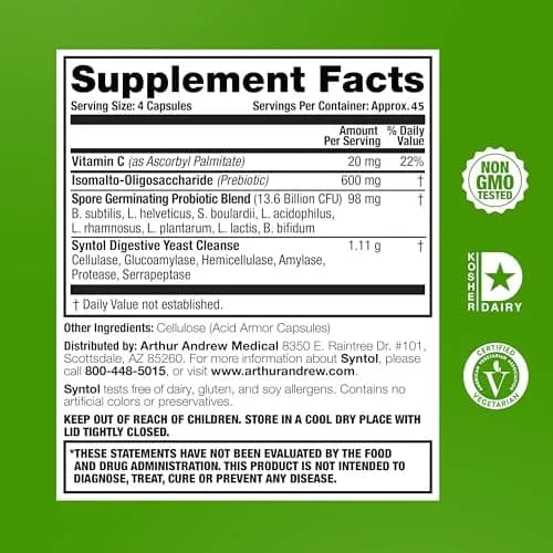 Arthur Andrew Medical Syntol AMD Probiotic Multi-Enzyme 180 Count | Yeast & Fungal Balance Support thumbnail 2