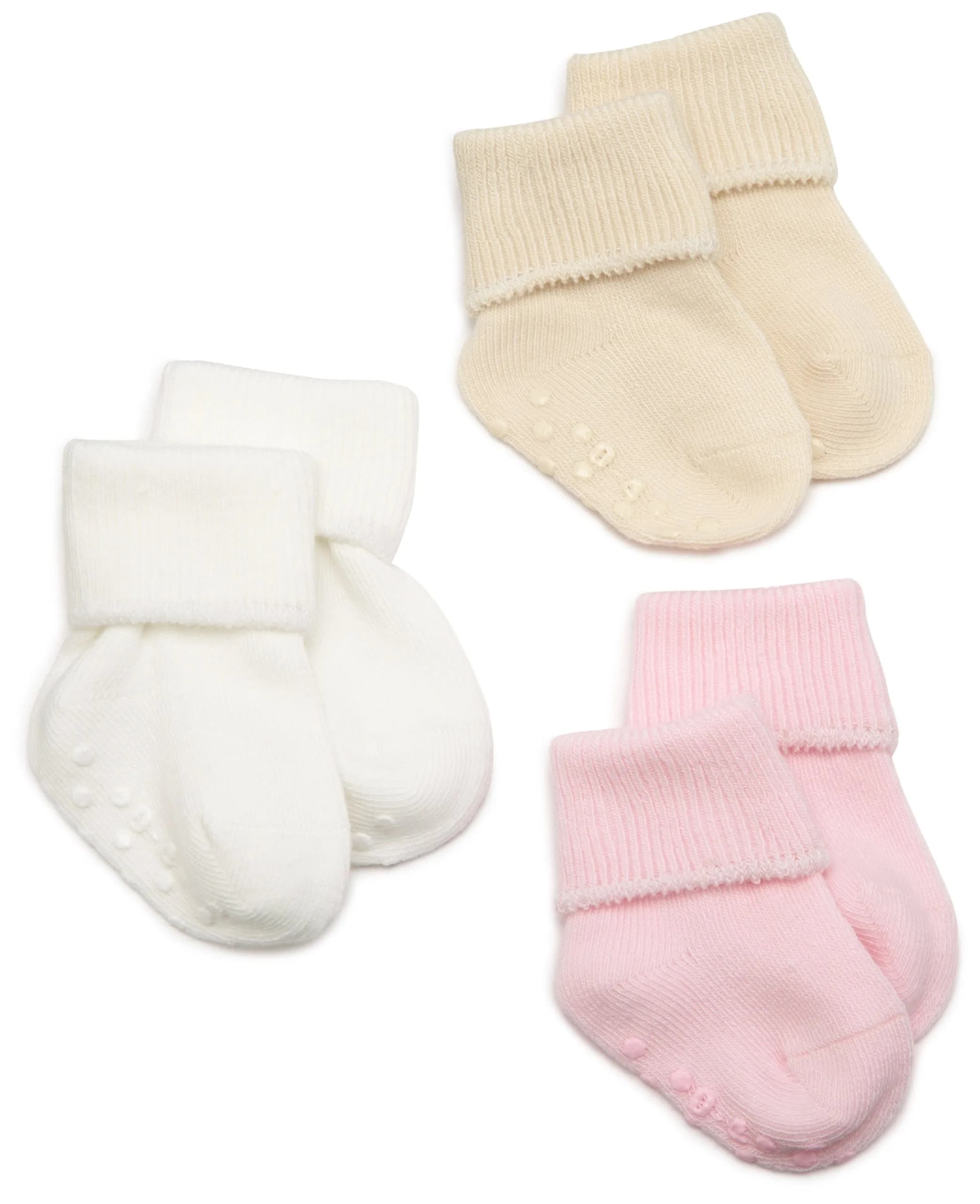 Jefferies Socks Baby Organic Cotton Skid Cuff Socks 3 Pair | 0-3 Months — Light Pink/Natural/White