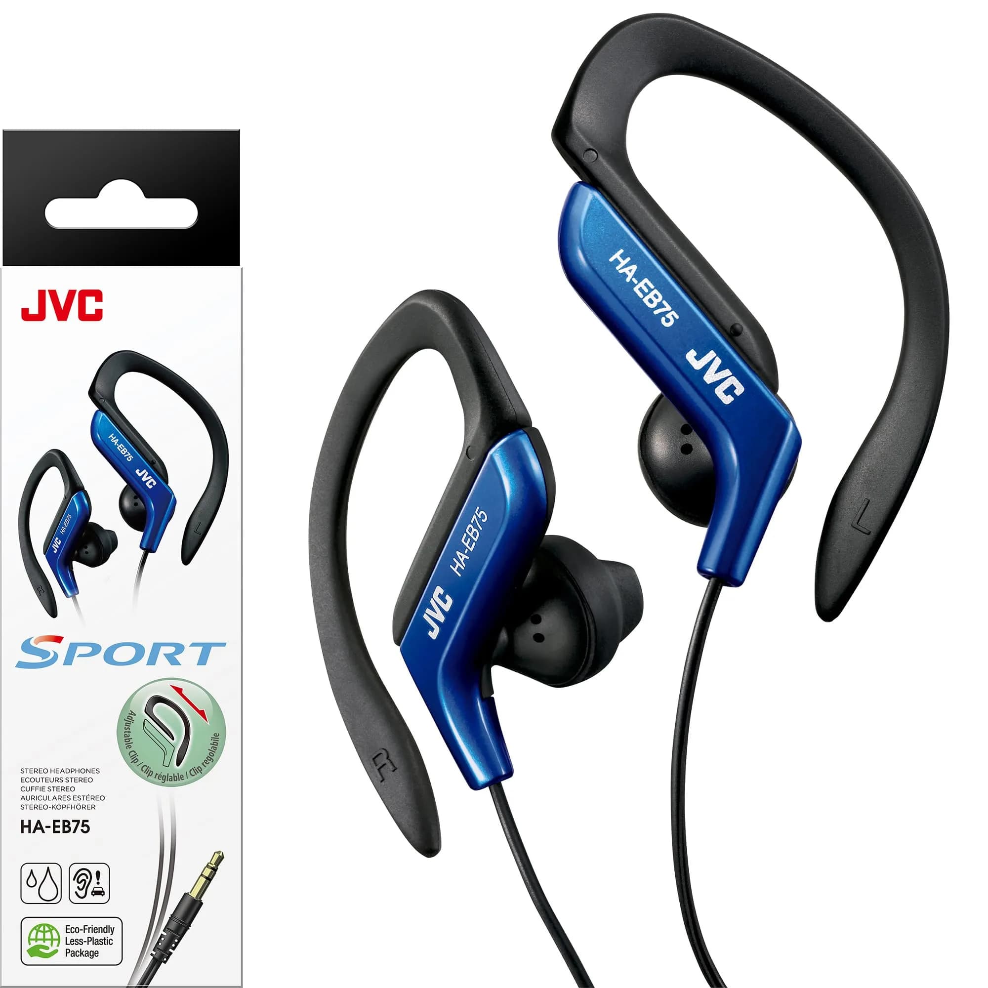 JVC Sports Clip Headphone Black | Adjustable Earclip, Splash-Proof, 13.5mm Driver — Blue