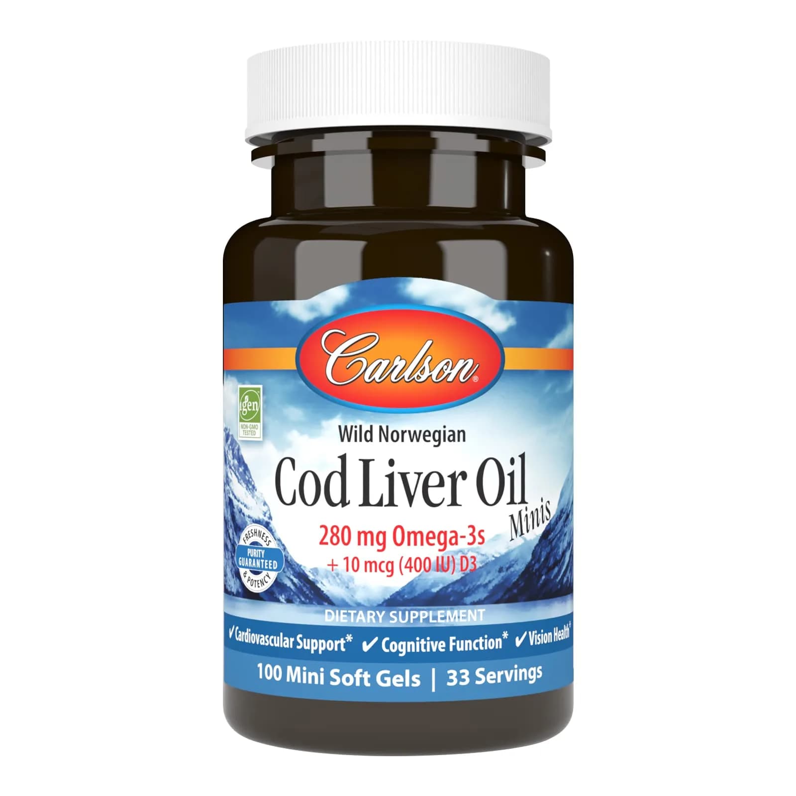 Carlson Cod Liver Oil Minis 280 mg Omega-3s + Vitamins A & D3 | 100 Mini Softgels (300 Soft Gels Total) - main product image