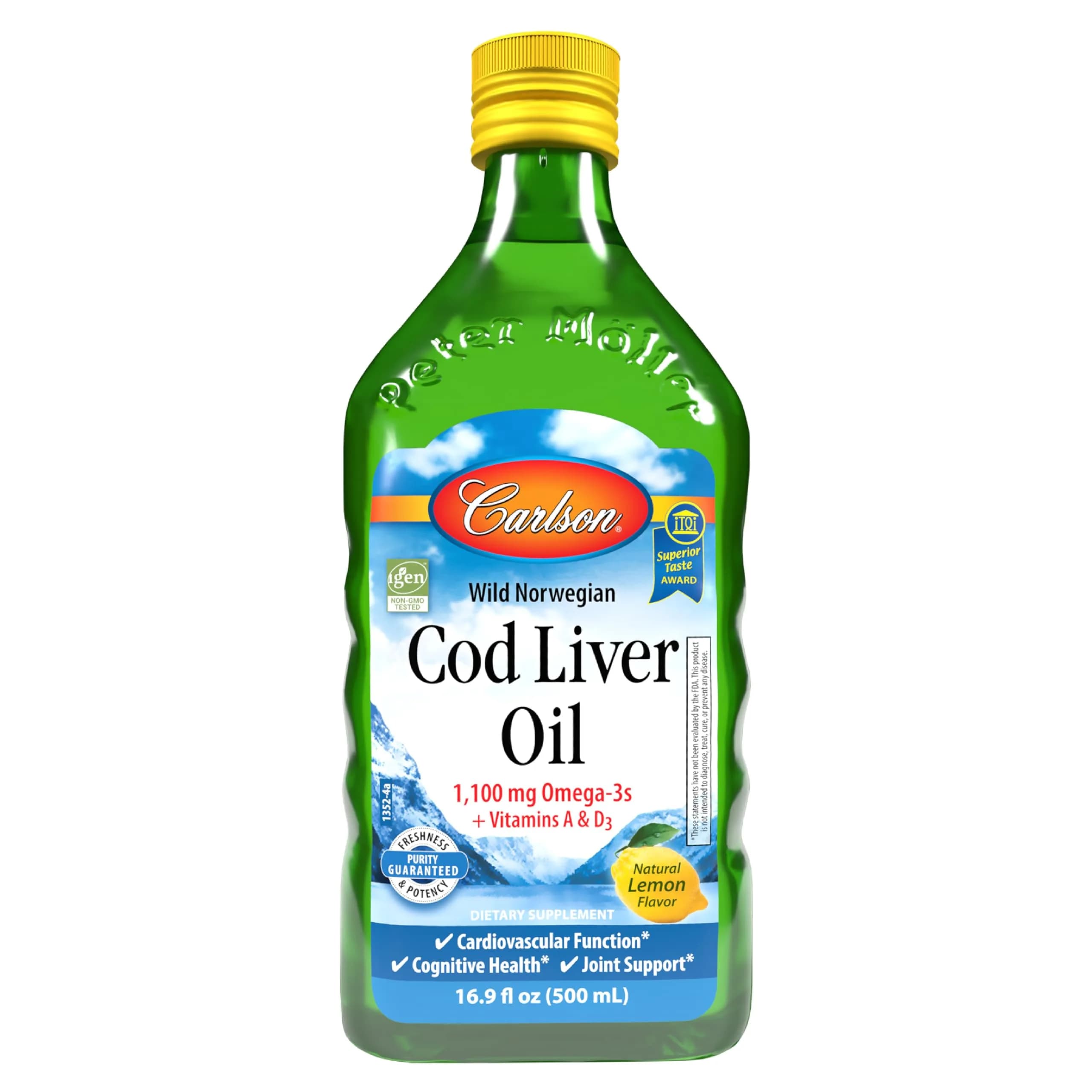 Carlson Cod Liver Oil Lemon 500 mL (16.9 Fl Oz) | 1100 mg Omega-3s, Heart & Brain Health — Lemon