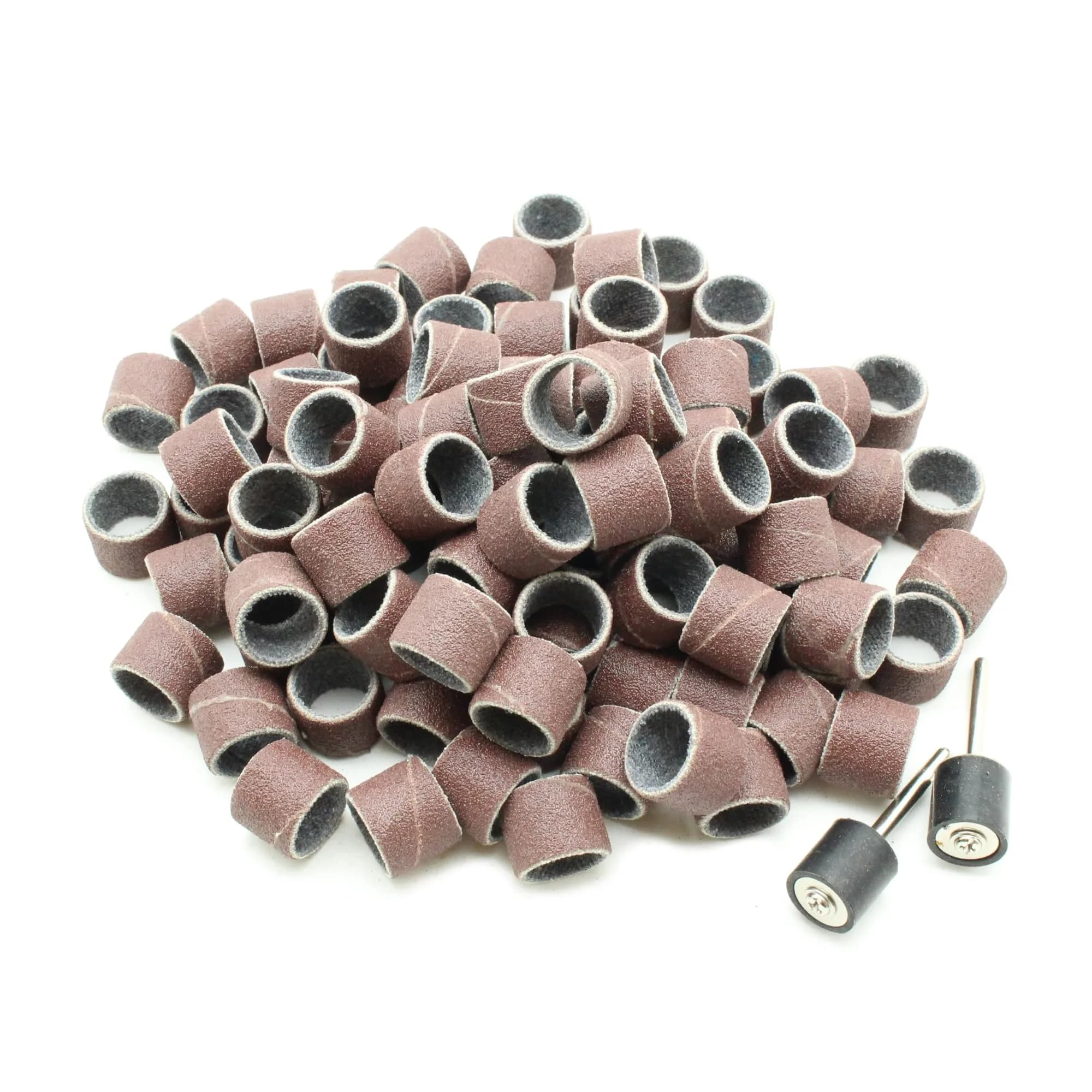 TEMO 100-Piece 1/2" (12.7mm) Grit 60 Coarse Sand Drum Set with 2x 1/8" (3.175mm) Mandrels | For Wood, Plastic, Metal Sanding — Brown