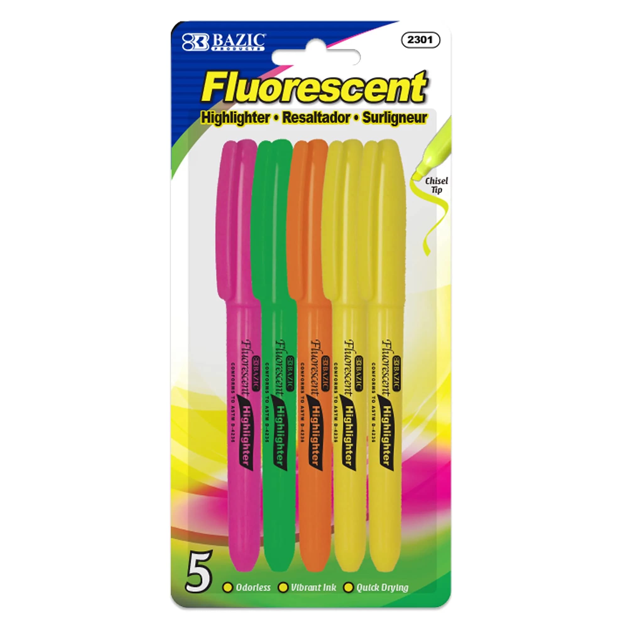 BAZIC Neon Highlighter Assorted Color Pen Style, Chisel Tip | Broad & Fine Line, Unscented, 5-Count - main product image