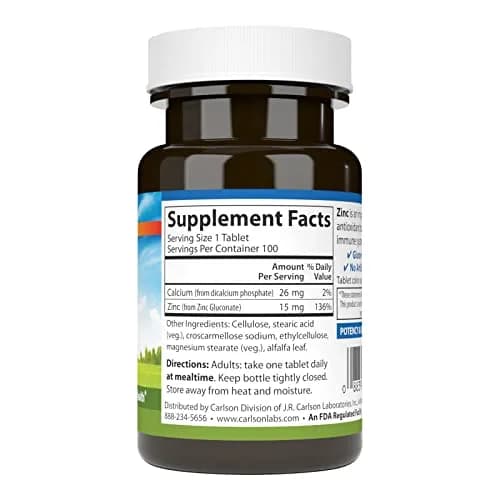 Carlson Zinc 15 mg | Supports Immune & Skin Health, 100 Tablets thumbnail 2