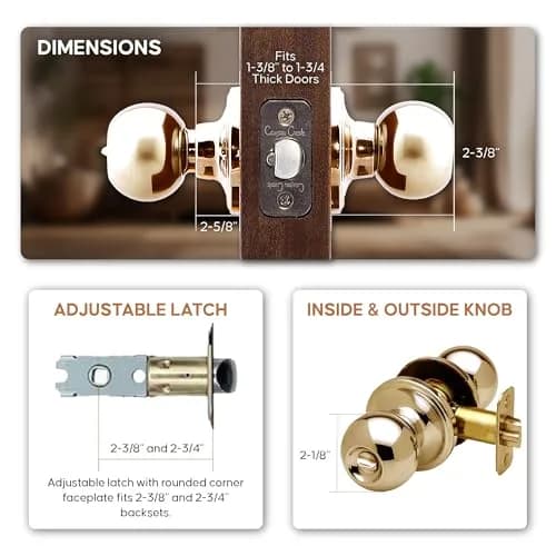 Copper Creek Privacy Interior Door Knob – ANSI Grade-3 Certified, Heavy Duty Handle, Easy Install, Reversible, Polished Brass (1 Pack) thumbnail 4