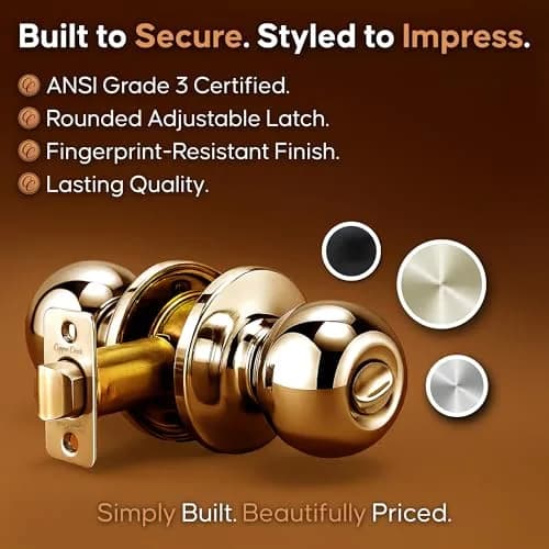 Copper Creek Privacy Interior Door Knob – ANSI Grade-3 Certified, Heavy Duty Handle, Easy Install, Reversible, Polished Brass (1 Pack) thumbnail 5