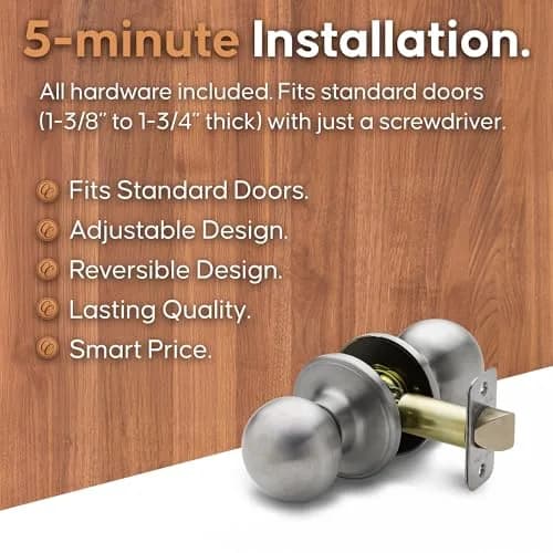 Copper Creek Passage Interior Door Knob – ANSI Grade-3 Certified, Heavy Duty Handle, Easy Install, Reversible, Satin Stainless (1 Pack) thumbnail 3