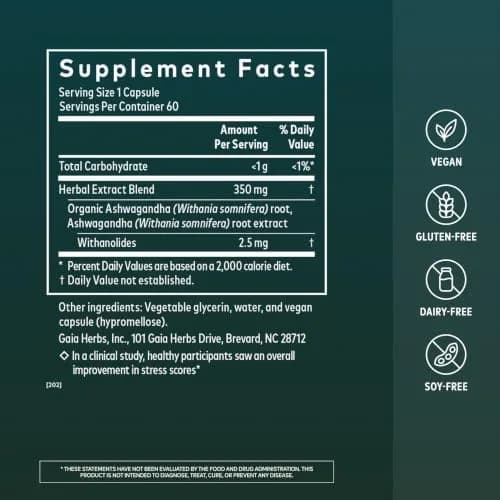 Gaia Herbs Ashwagandha Root 350 mg | Supports Stress & Sleep, Organic, Vegan thumbnail 3