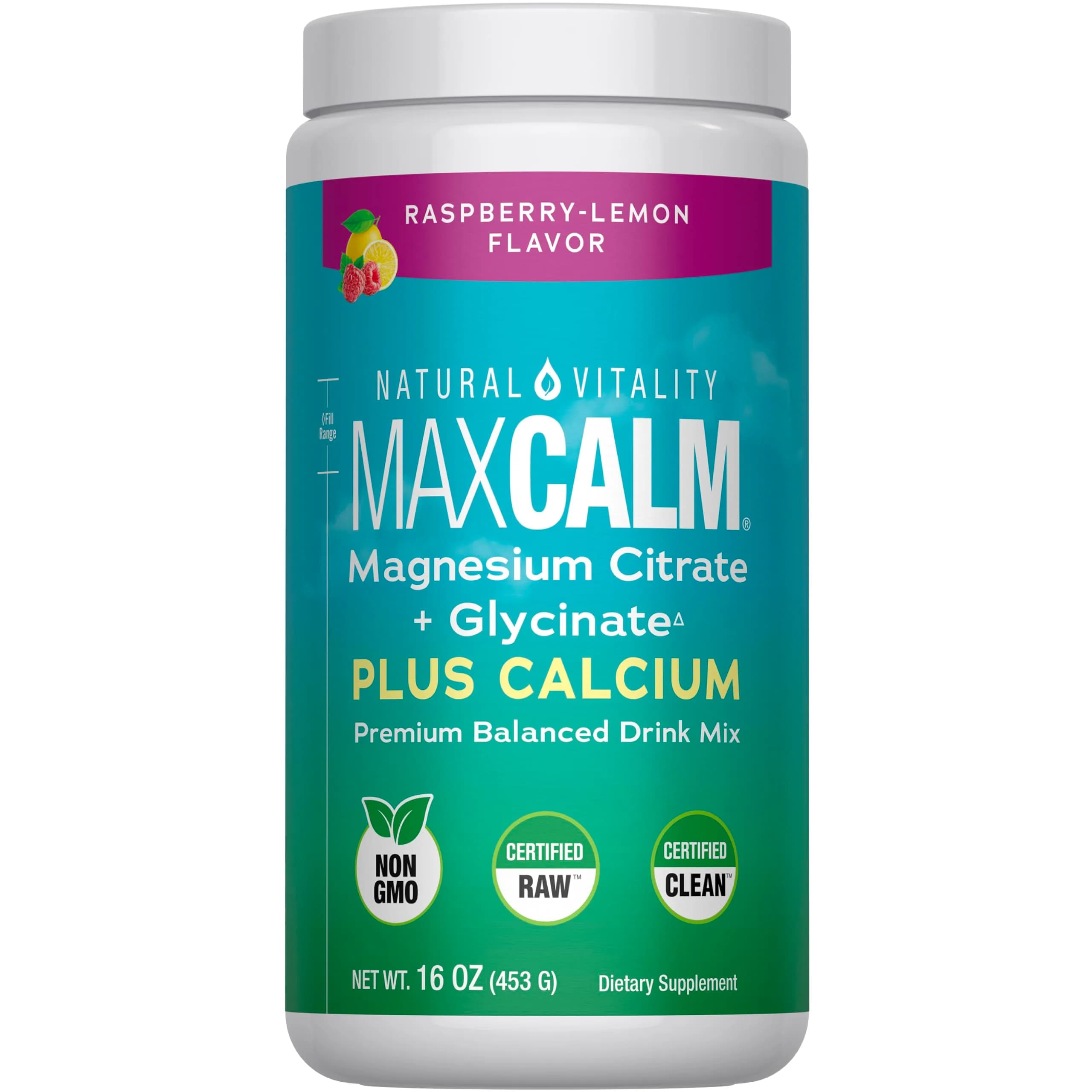 Natural Vitality Calm, Magnesium Citrate & Calcium Supplement, Drink Mix Powder Supports a Healthy Response to Stress, Gluten Free, Vegan, & Non-GMO, Raspberry Lemon, 16 oz
