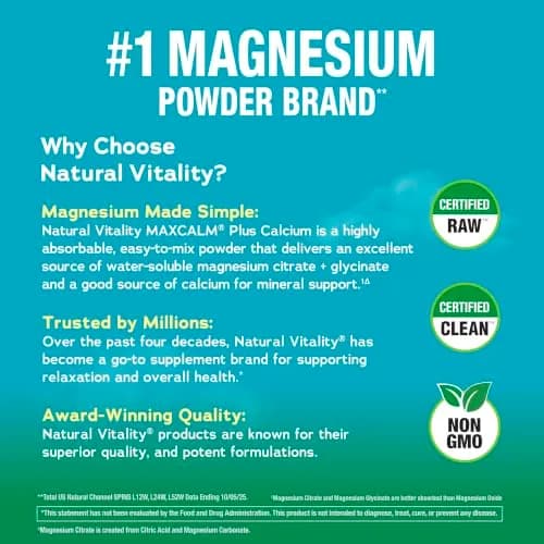 Natural Vitality Calm, Magnesium Citrate & Calcium Supplement, Drink Mix Powder Supports a Healthy Response to Stress, Gluten Free, Vegan, & Non-GMO, Raspberry Lemon, 16 oz thumbnail 4