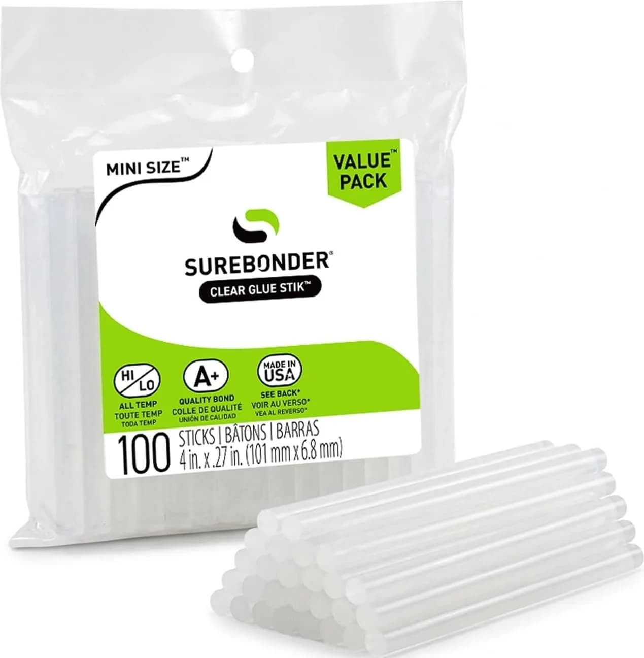 Surebonder Mini Hot Glue Sticks 4 in. Length, 0.27 in. Diameter, 100-Pack | All-Purpose, All-Temp. Crafting — 4-Inches