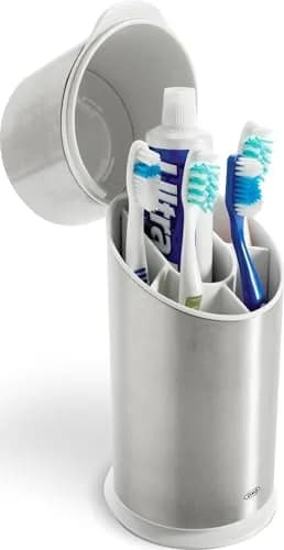 OXO Good Grips Bathroom Toothbrush Holder Set - Stainless Steel | Compact, Hygienic & Durable thumbnail 1