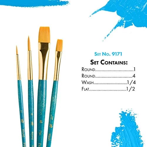 Princeton RealValue 4-Piece Paint Brush Set, Gold Taklon Synthetic Bristle, Blue Handle | Artist Quality for Acrylic, Watercolor, Oil & Tempera thumbnail 3
