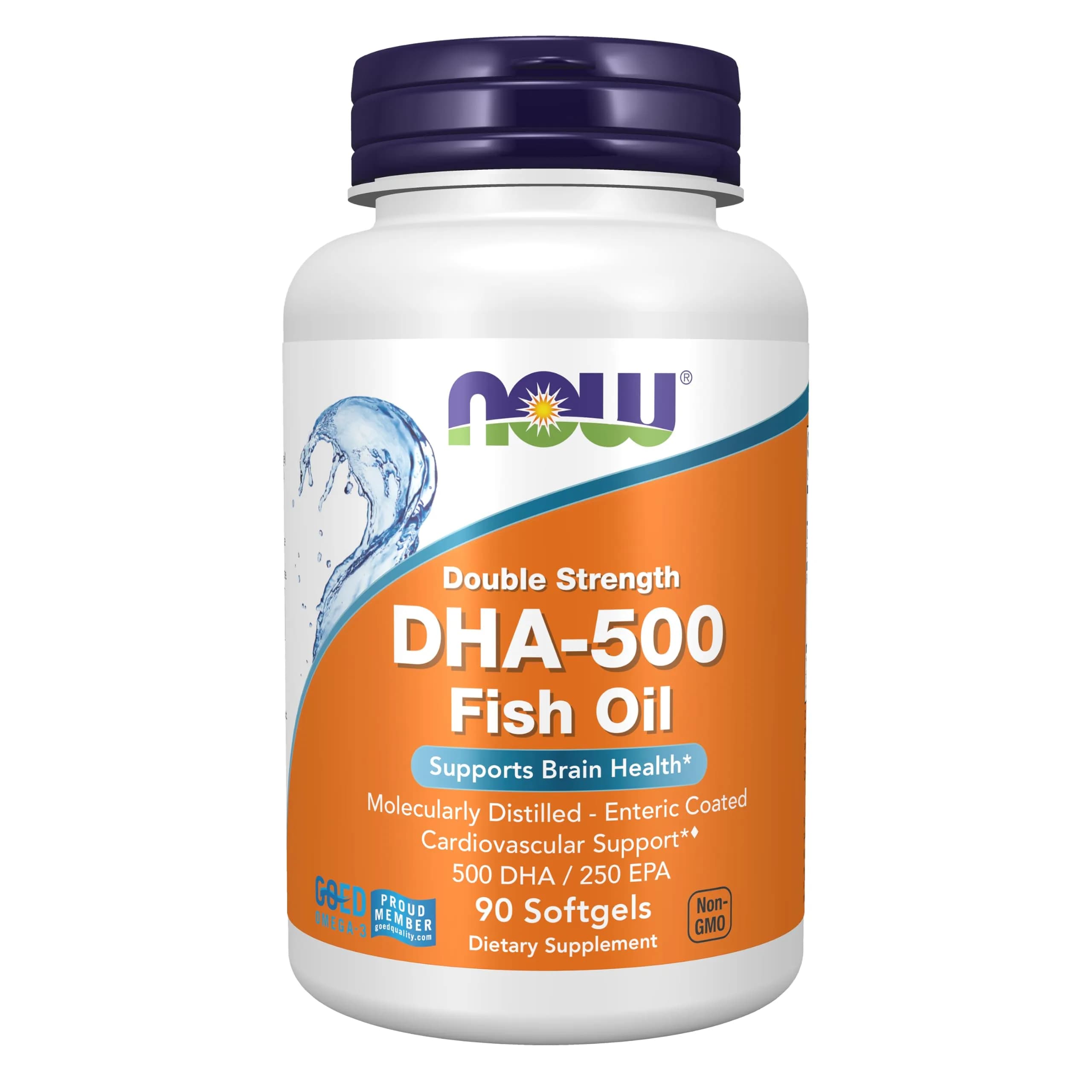 NOW DHA-500 with 250 EPA, Molecularly Distilled | Enteric Coated Fish Oil Softgels for Heart & Brain (90 Count) — Amber