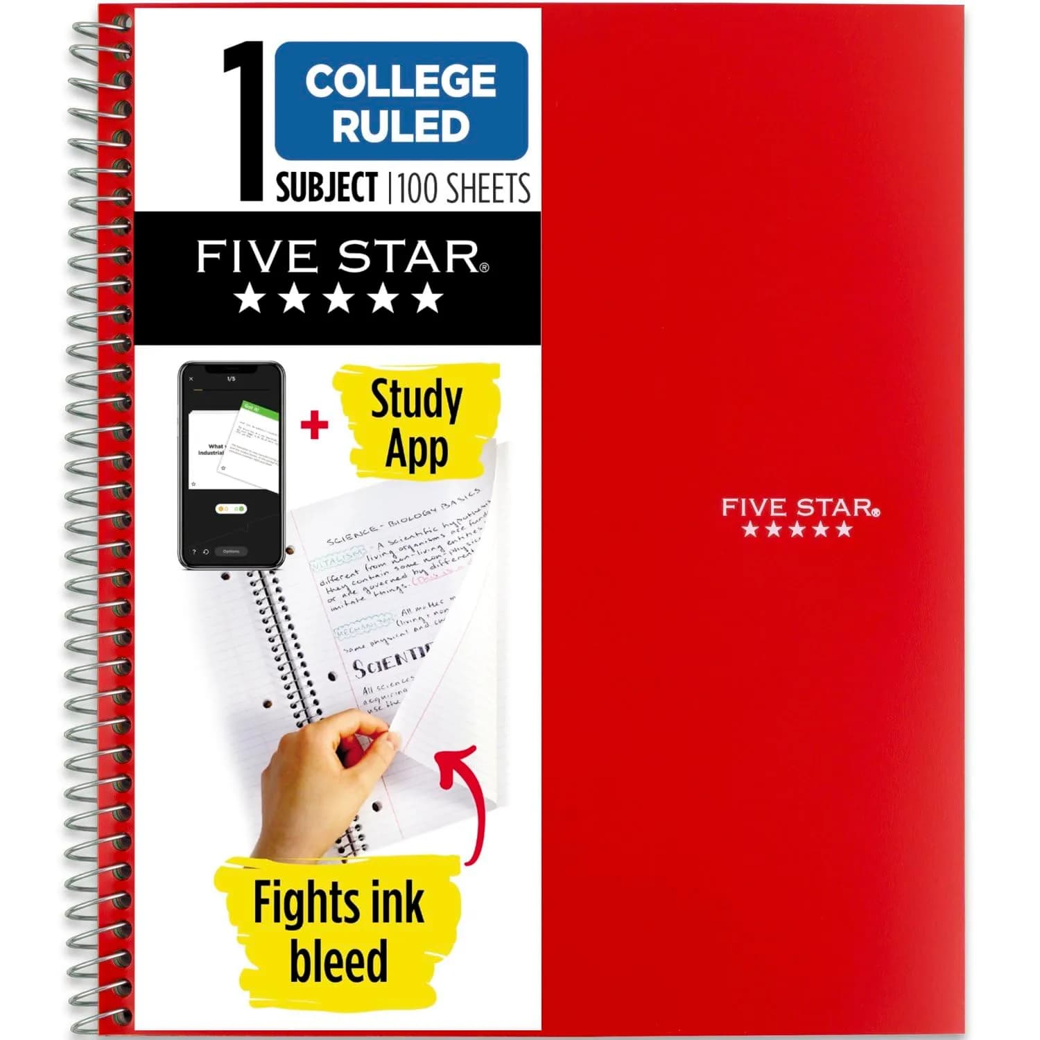 Five Star Spiral Notebook 1 Subject 100 Sheets 8.5" x 11" Fire Red | College Ruled Paper with Study App