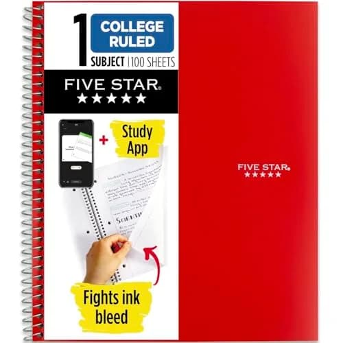 Five Star Spiral Notebook 1 Subject 100 Sheets 8.5" x 11" Fire Red | College Ruled Paper with Study App thumbnail 1