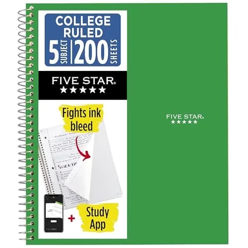 Five Star Spiral Notebook 5 Subject 200 Sheets (200 College Ruled Sheets, 8.5" x 11") | SFI Certified Paper thumbnail 1