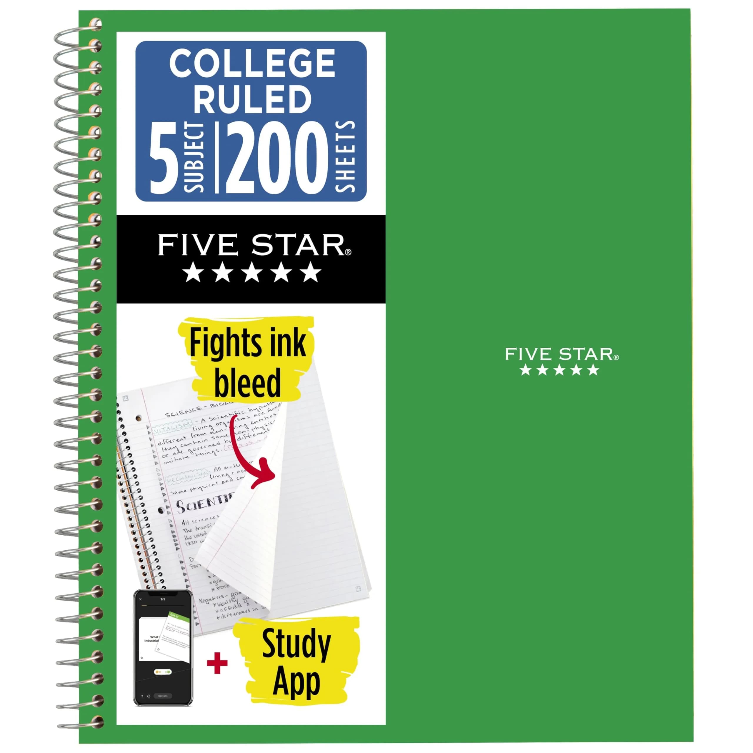 Five Star Spiral Notebook 5 Subject 200 Sheets (200 College Ruled Sheets, 8.5" x 11") | SFI Certified Paper