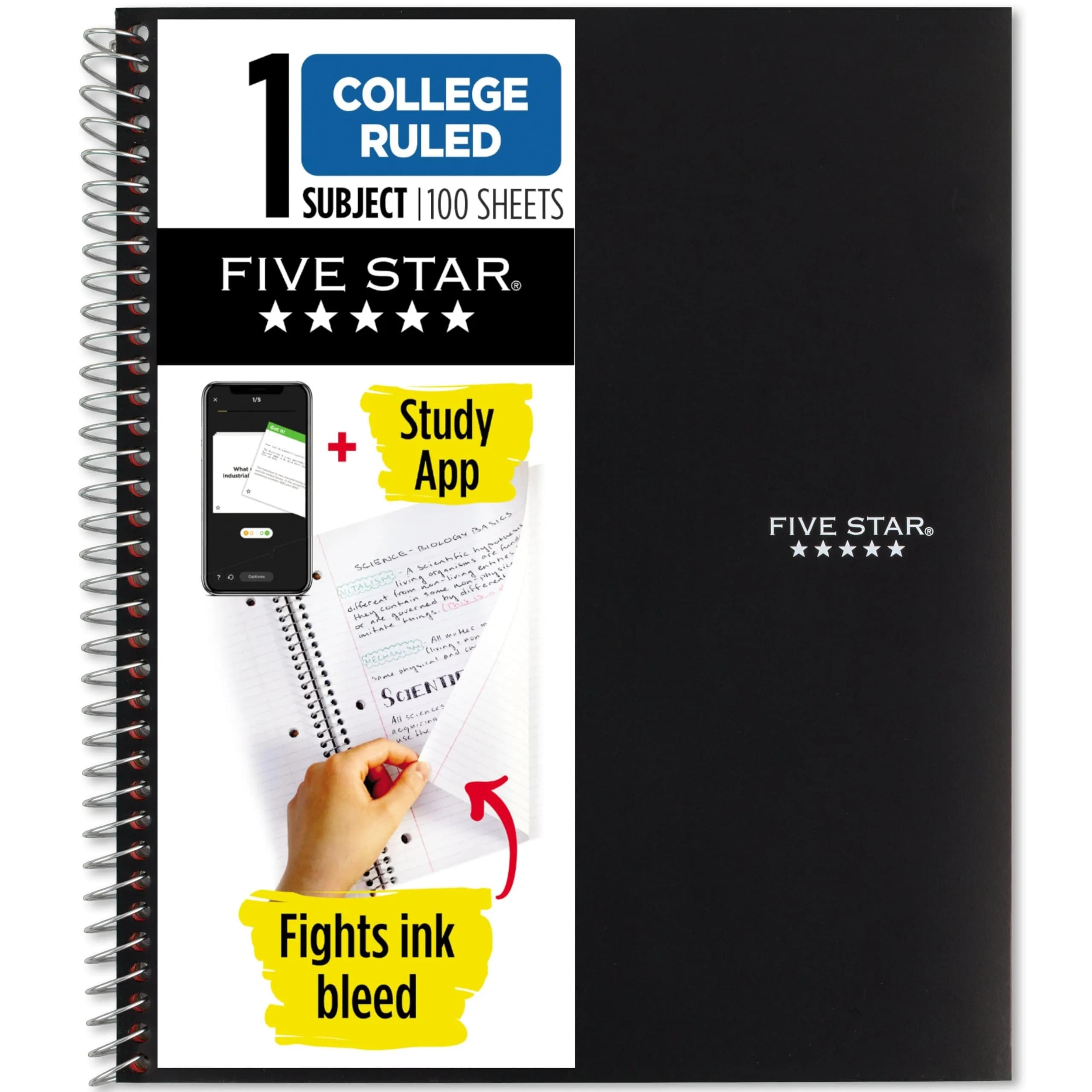 Five Star Spiral Notebook, 1 Subject, College Ruled, 100 Sheets, 200 Pages Total, Black | SFI Certified Paper & Study App Integration