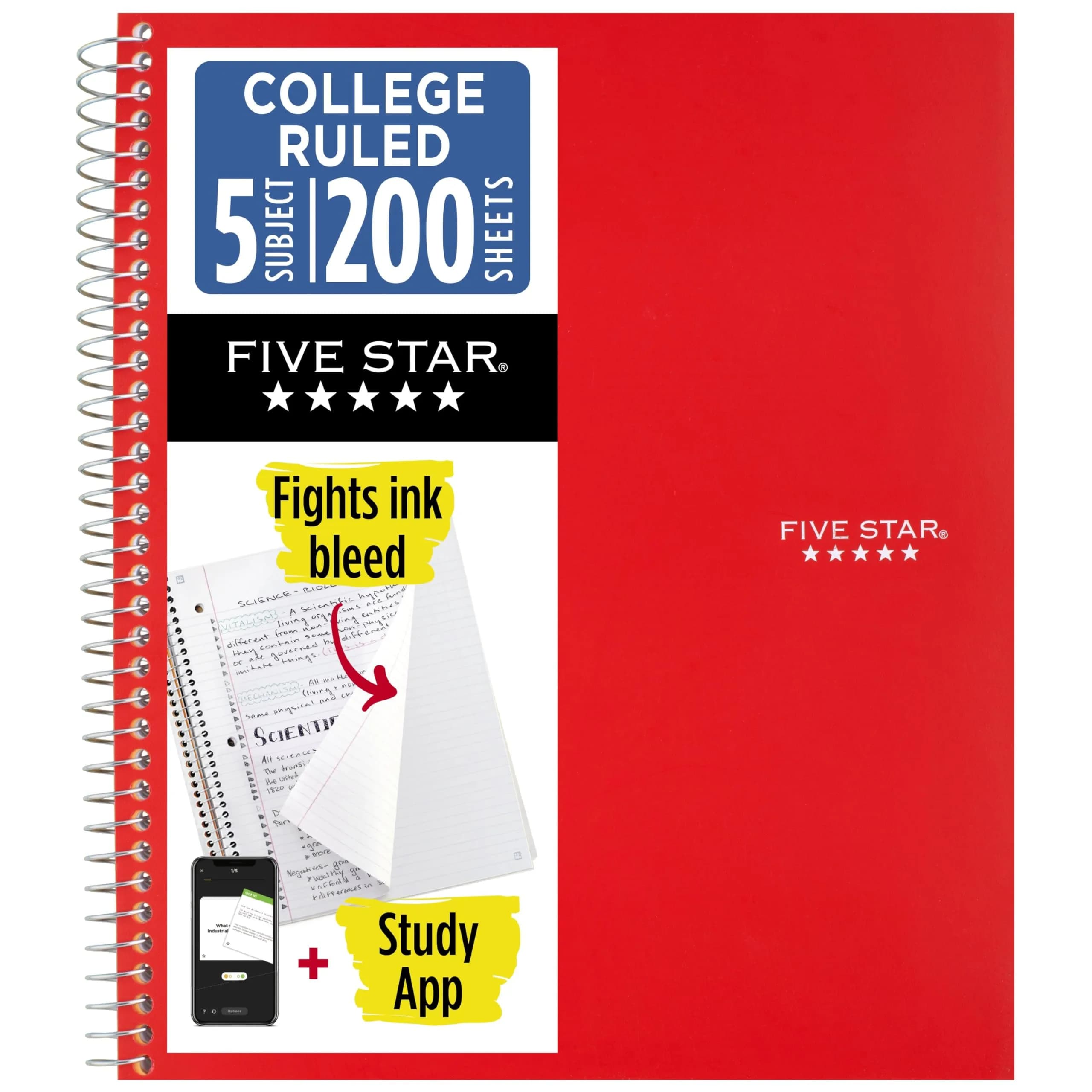 Five Star Spiral Notebook 5 Subject Red 200 Sheets (8.5" x 11") | College Ruled Paper Fights Ink Bleed