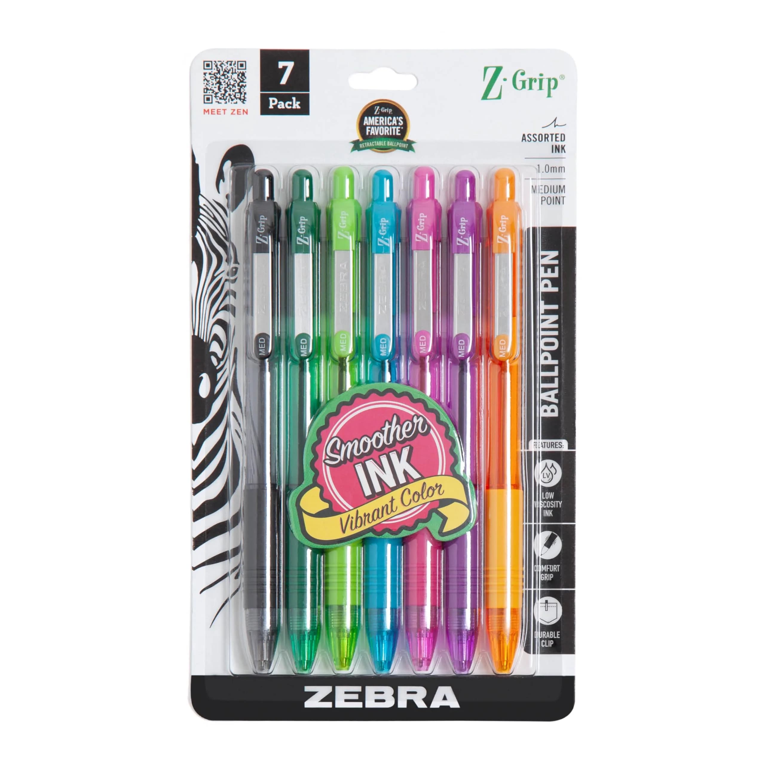Zebra Pen Z-Grip Retractable Ballpoint Pens, Assorted Fashion Ink, 1.0mm Medium Point, 7-Pack | Smooth Writing for Students & Professionals — Assorted Fashion A
