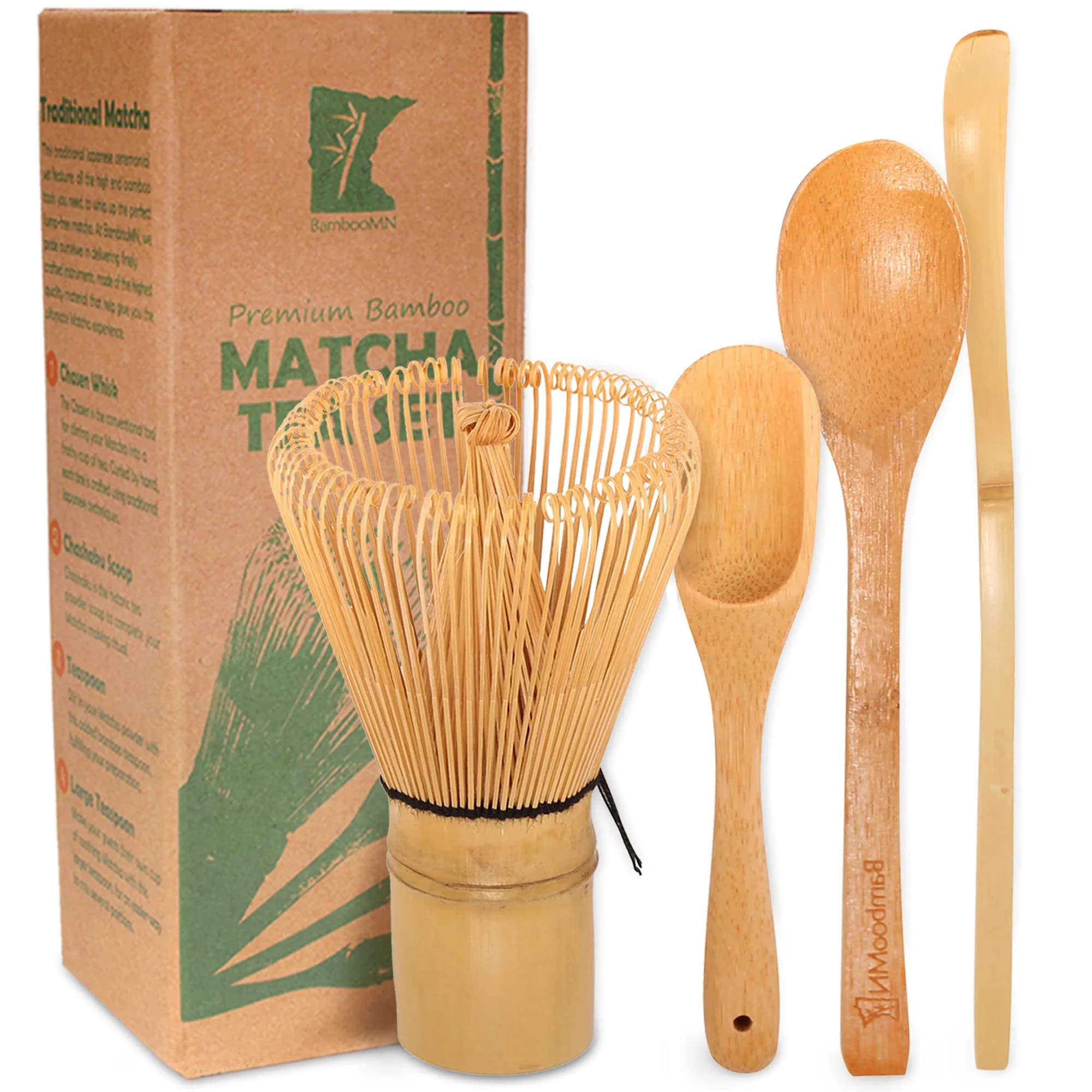 BambooMN Matcha Whisk Set - Golden Chasen (Tea Whisk), Chashaku (Hooked Bamboo Scoop), Deep Scoop, Tea Spoon - 2 Sets | Traditional Japanese Tea Utensils - main product image
