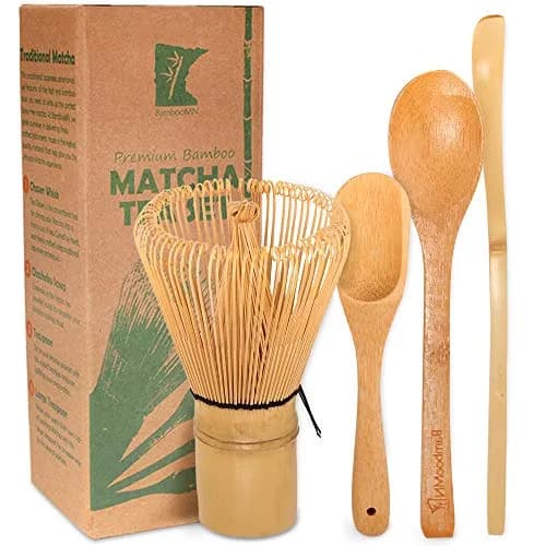 BambooMN Matcha Whisk Set - Golden Chasen (Tea Whisk), Chashaku (Hooked Bamboo Scoop), Deep Scoop, Tea Spoon - 2 Sets | Traditional Japanese Tea Utensils thumbnail 1
