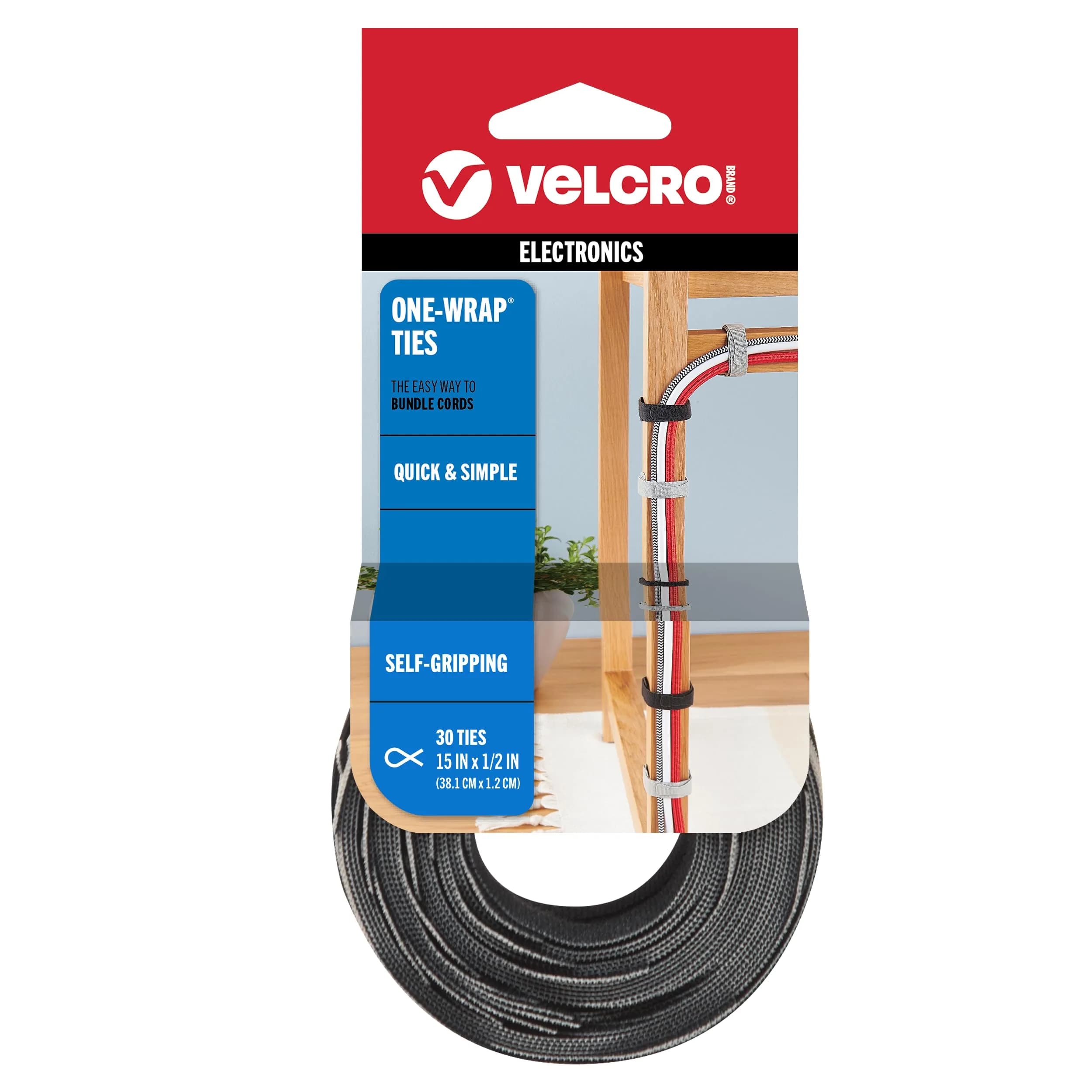 VELCRO Brand Reusable Cable Ties 15 inch (38 cm) Black & Gray, 30 Pack | Organize Large Cable Bundles - main product image