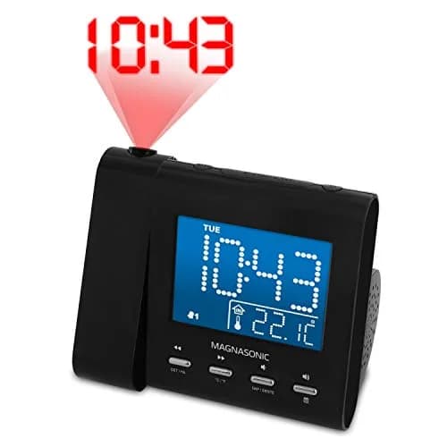 Magnasonic Black Clock with AM/FM Radio, Dual Alarm, Battery Backup, Projection & Indoor Temp | Modern Bedroom Essential thumbnail 1