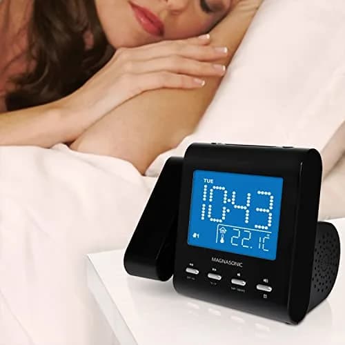 Magnasonic Black Clock with AM/FM Radio, Dual Alarm, Battery Backup, Projection & Indoor Temp | Modern Bedroom Essential thumbnail 7