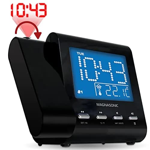 Magnasonic Black Clock with AM/FM Radio, Dual Alarm, Battery Backup, Projection & Indoor Temp | Modern Bedroom Essential thumbnail 2