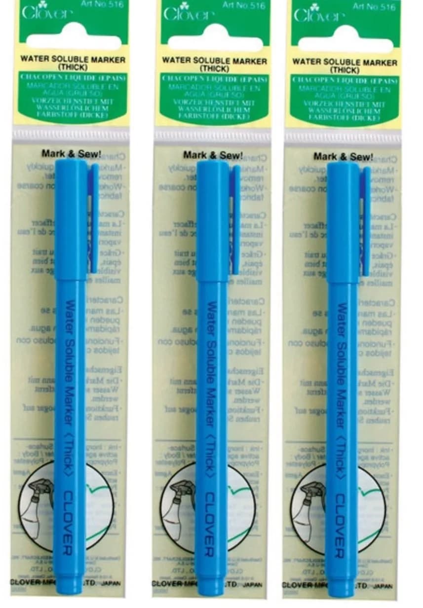 Clover Water Soluble Thick Marker Pen Set of Three | Thick Line Marking for Fabric, Water Erasable (Polypropylene Body, White, Blue, Pink) - main product image