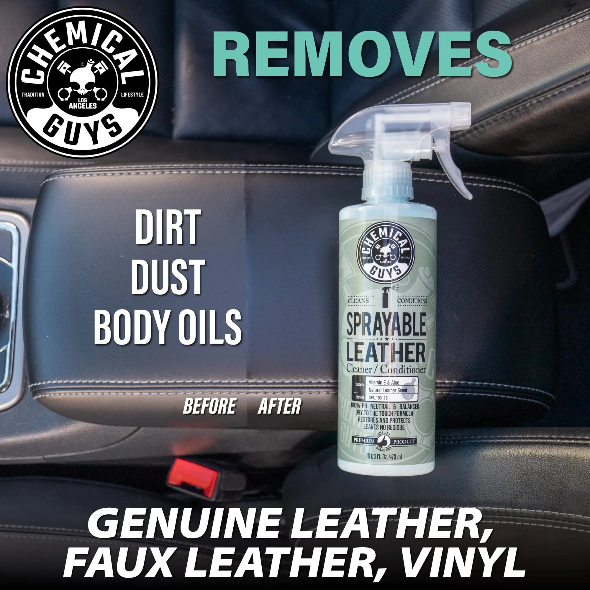 Chemical Guys SPI_103 Sprayable Leather Cleaner and Conditioner in One for Interiors, Apparel, and More (Works on Natural, Synthetic, Pleather, Faux Leather and More) Leather Scent, 128 fl oz (1 Gal) thumbnail 2