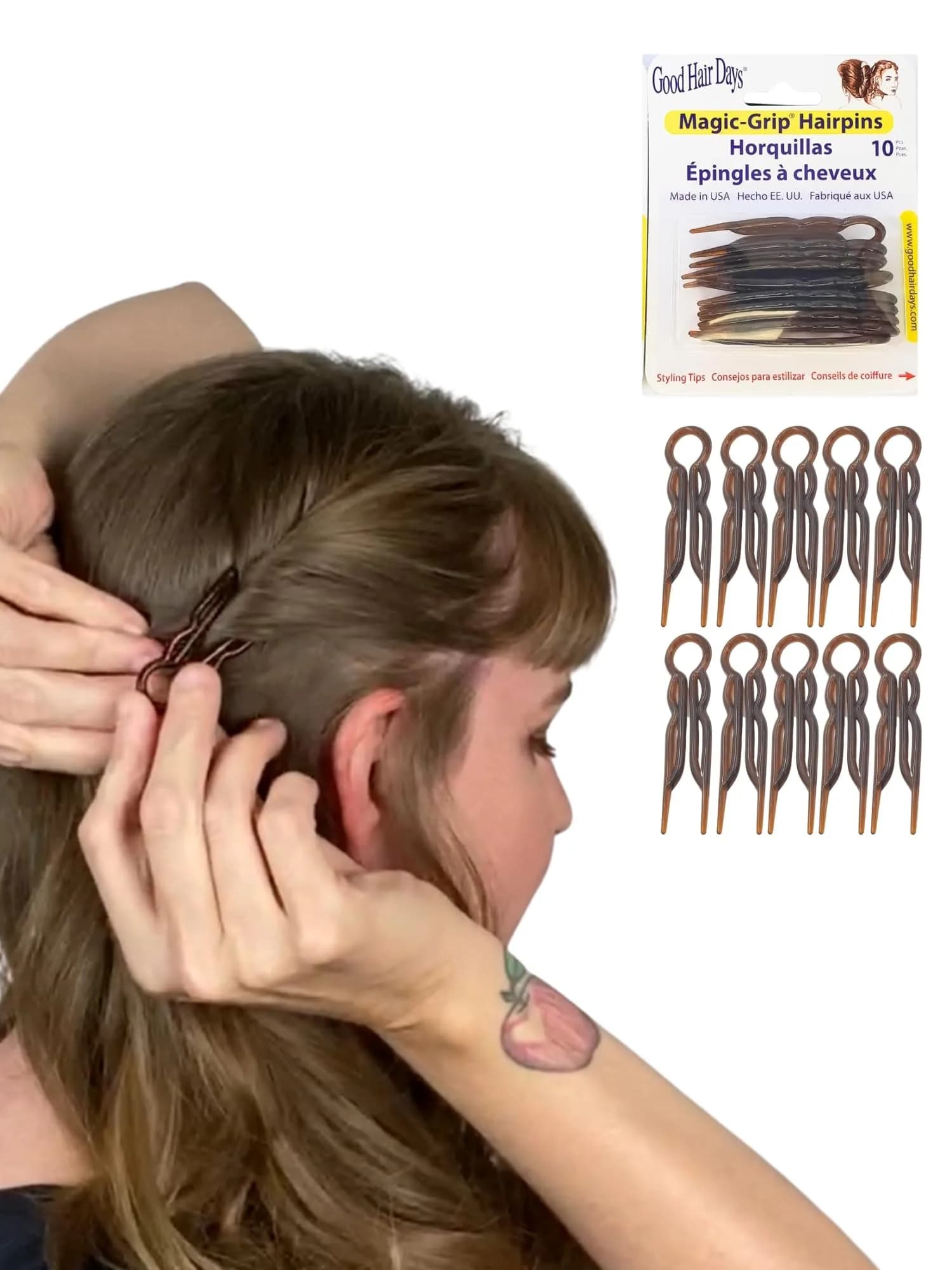 Good Hair Days Magic-Grip Hairpins, Tortoise Shell Brown, Set of 10 | Strong Hold for Thick Hair