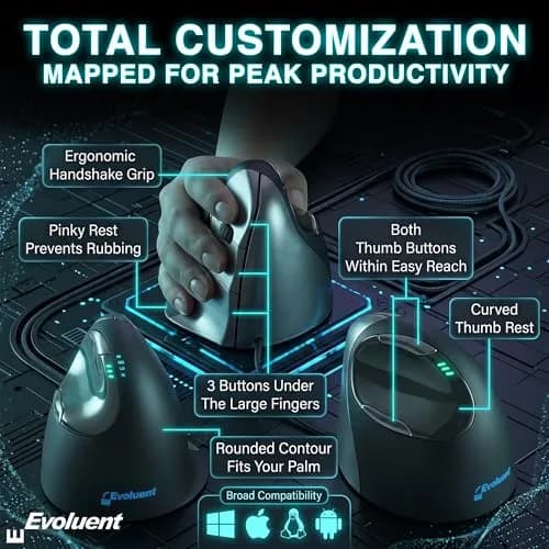 Evoluent Vertical Mouse VM4R Wired Ergonomic Mouse for Right Hand 10.7 cm (4.2 in) | Original Vertical Mouse Design thumbnail 2