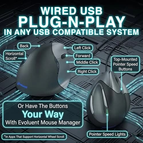Evoluent Vertical Mouse VM4R Wired Ergonomic Mouse for Right Hand 10.7 cm (4.2 in) | Original Vertical Mouse Design thumbnail 3