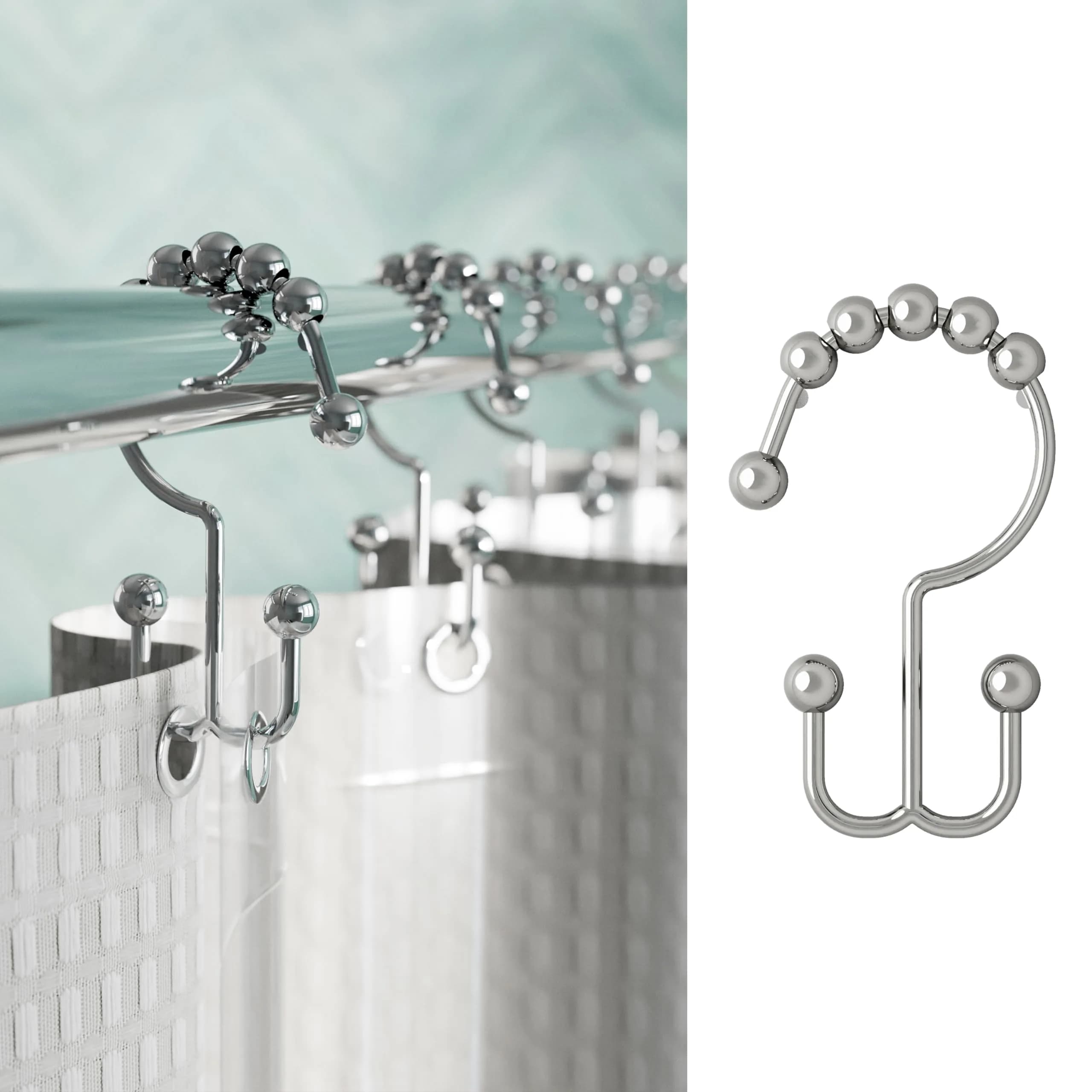 Zenna Home Double Roller Glide Shower Curtain Hooks, Chrome, Set of 12 | Rust-Resistant Metal Rings for Smooth Hanging