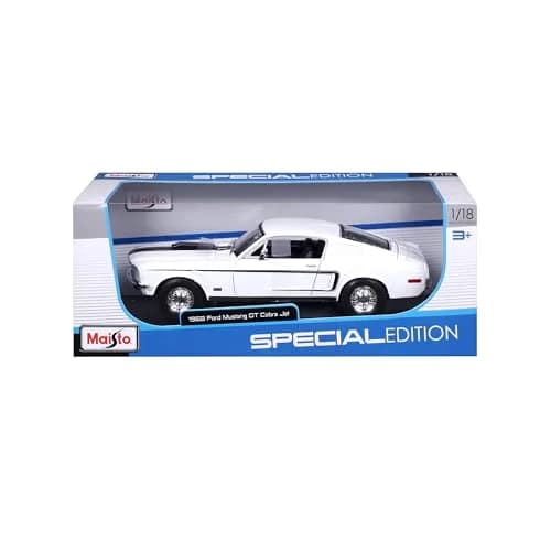 Maisto 1968 Ford Mustang GT Cobra Jet 1/18 Scale Diecast Model Vehicle White | Classic Collector's Replica thumbnail 6