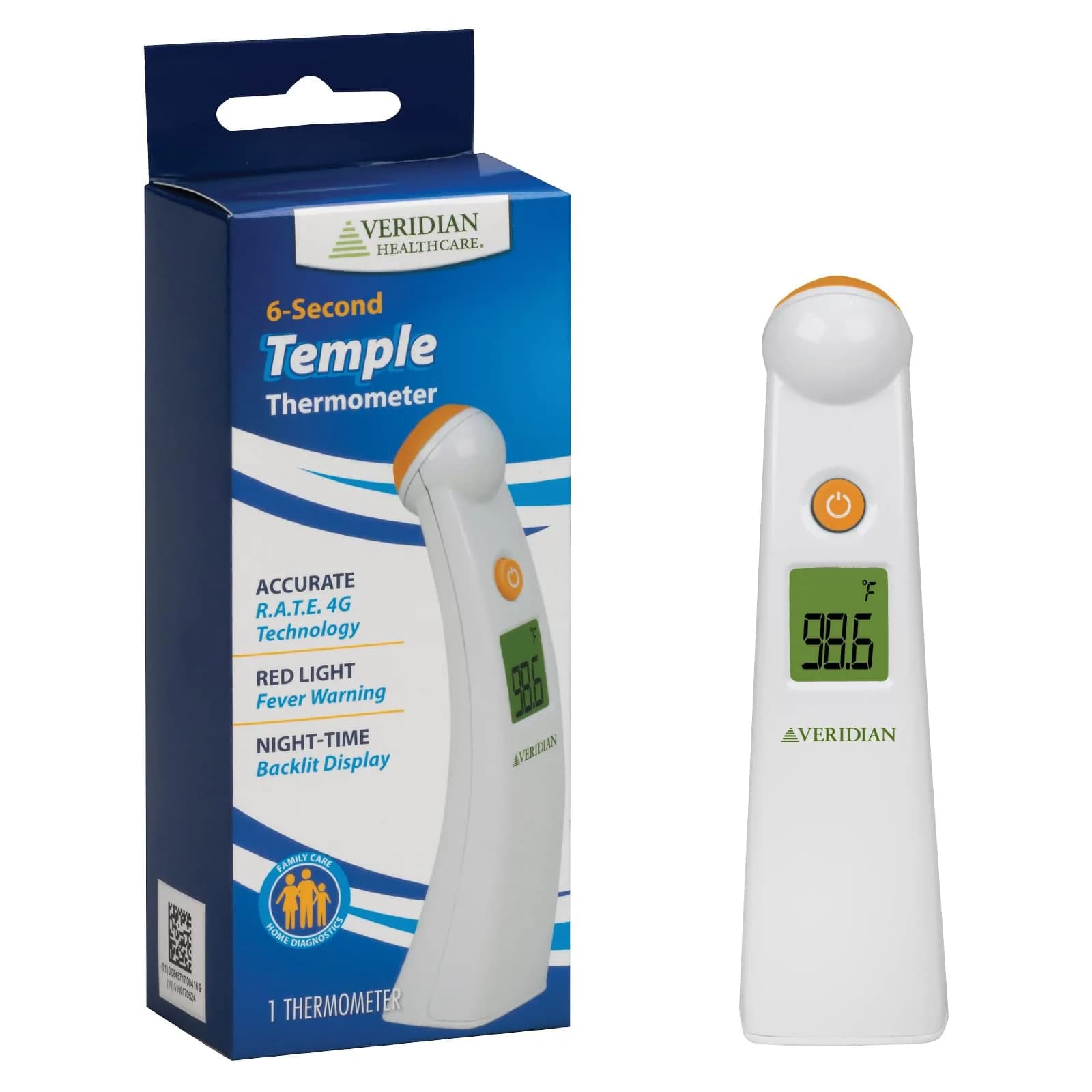 Veridian Healthcare Temple Thermometer | Infrared Measurements | Fast 6-Second Readout | Fever Alert | Backlit Display | Programmable Timer | 1-Year Warranty (Pack of 2) — White