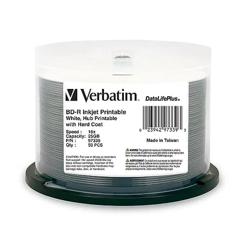Verbatim BD-R 25GB 16X Blu-ray Recordable Media Disc DataLifePlus White Inkjet Hub Printable 50pk Spindle | Archival Durability for HD Video & Audio thumbnail 1