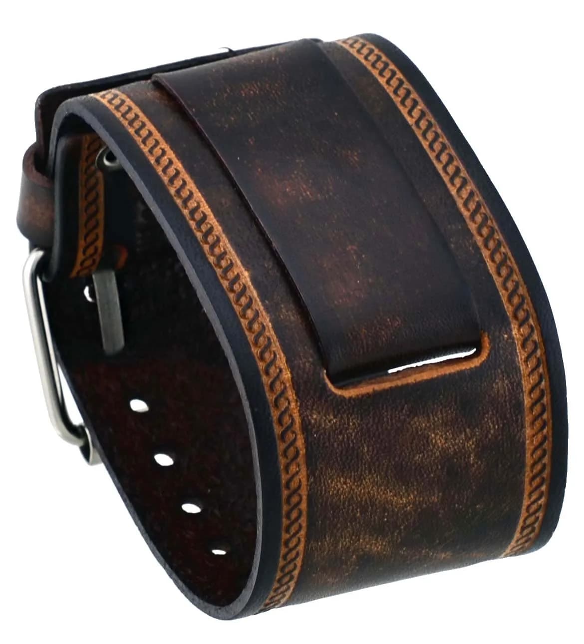 Nemesis Watch Band 24mm Wide Brown Leather Cuff | Genuine Leather, Buckle Closure - main product image